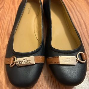 Coach, black, loafer/flats, with brown/tan leather band and gold hardware